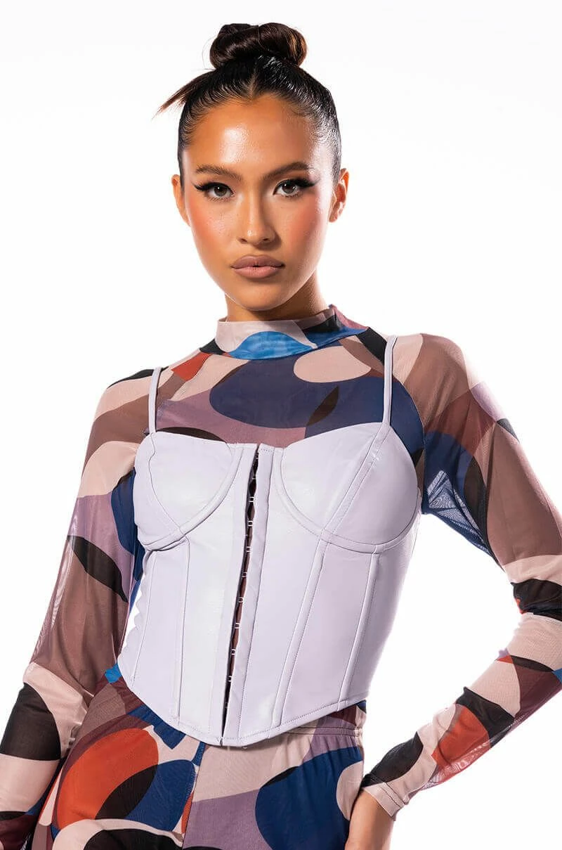 BE ABOUT IT SLEEVELESS FAUX LEATHER CORSET