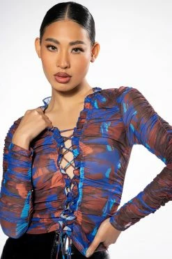 BERRY DRIP RUCHED LACE UP LONG SLEEVE MESH TOP