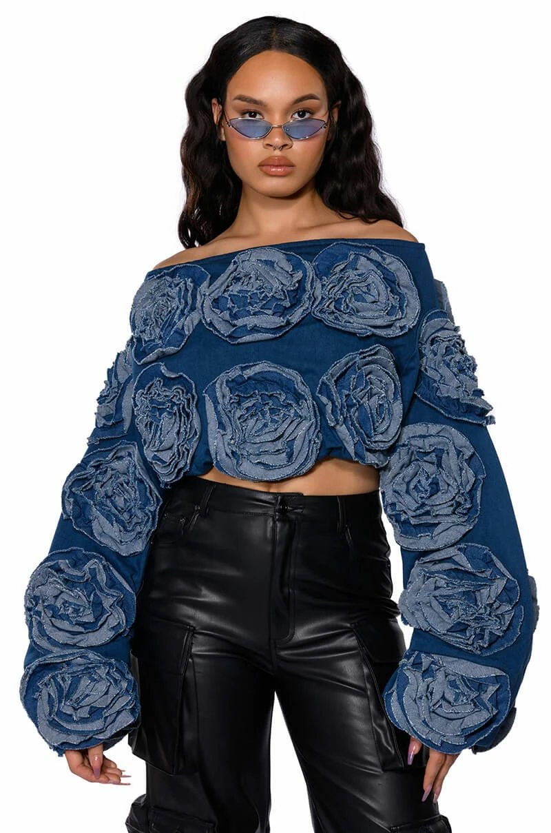 BOUQUET WISHES DENIM OFF THE SHOULDER SWEATSHIRT