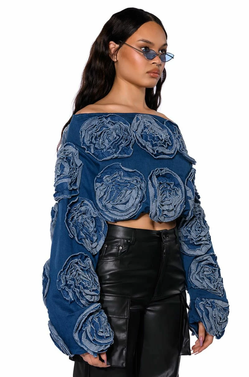BOUQUET WISHES DENIM OFF THE SHOULDER SWEATSHIRT - Image 2