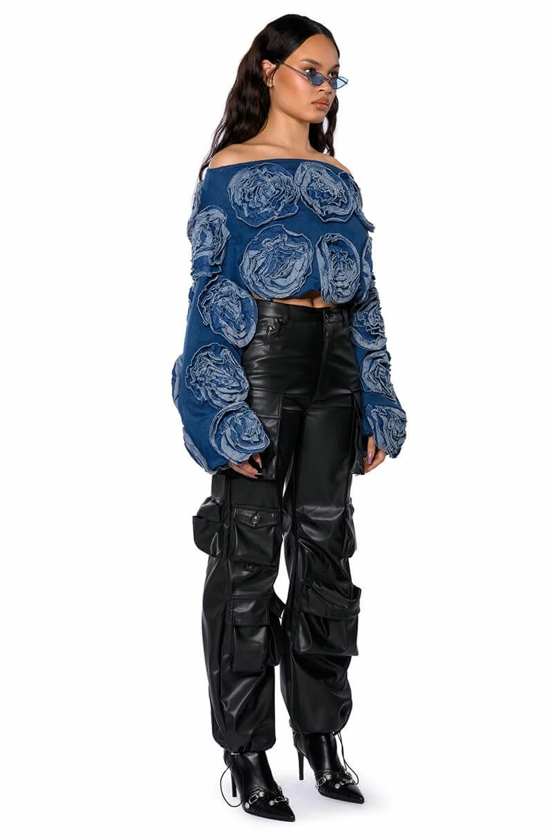 BOUQUET WISHES DENIM OFF THE SHOULDER SWEATSHIRT - Image 4