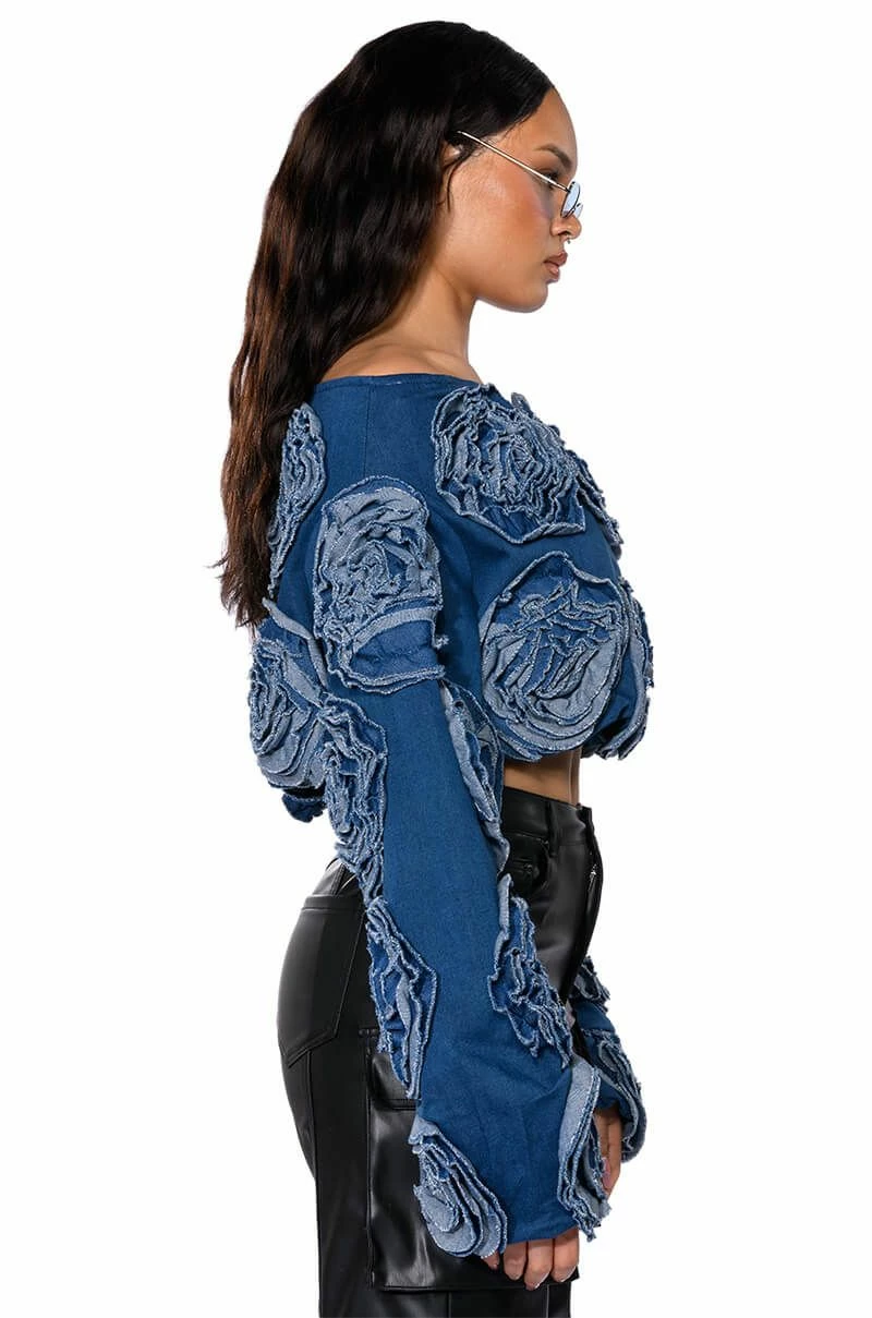 BOUQUET WISHES DENIM OFF THE SHOULDER SWEATSHIRT - Image 5