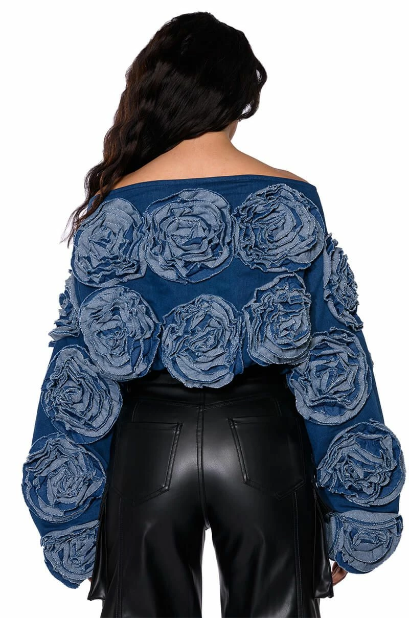BOUQUET WISHES DENIM OFF THE SHOULDER SWEATSHIRT - Image 6