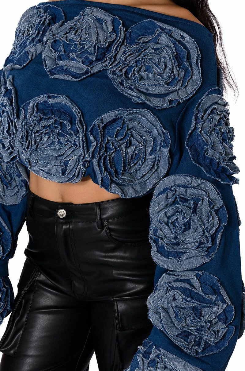 BOUQUET WISHES DENIM OFF THE SHOULDER SWEATSHIRT - Image 7
