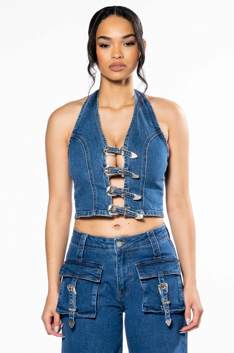 CALYPSO DENIM HALTER NECK TOP - Image 3