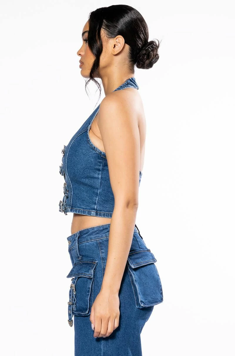 CALYPSO DENIM HALTER NECK TOP - Image 4