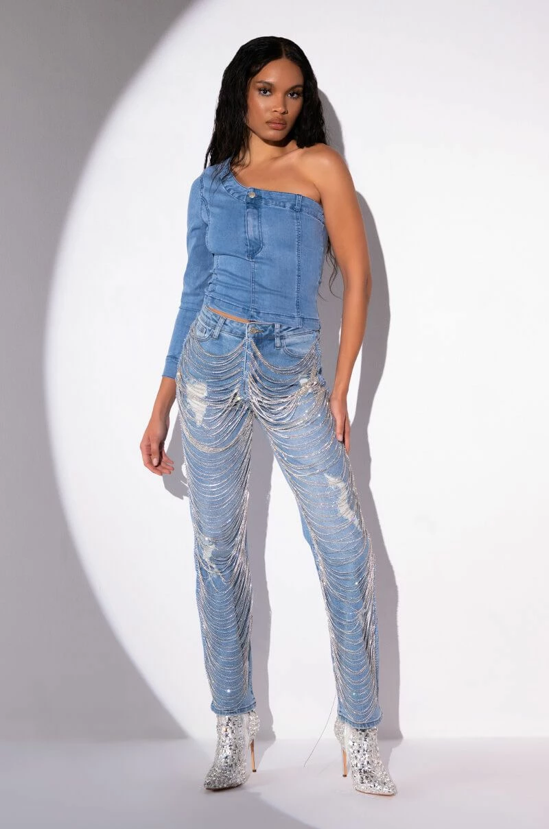 CAN'T DENY ONE SLEEVE DENIM TOP - Image 2