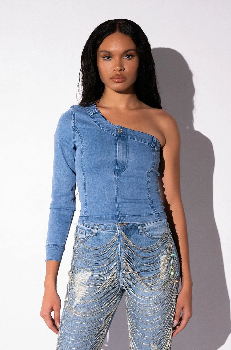 CAN'T DENY ONE SLEEVE DENIM TOP - Image 3