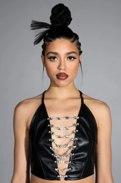 COVERED IN ICE FAUX LEATHER RHINESTONE TANK TOP