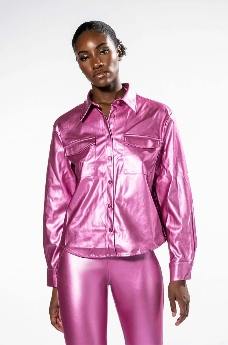DAYTIME DISCO METALLIC FAUX LEATHER BUTTON DOWN - Image 6