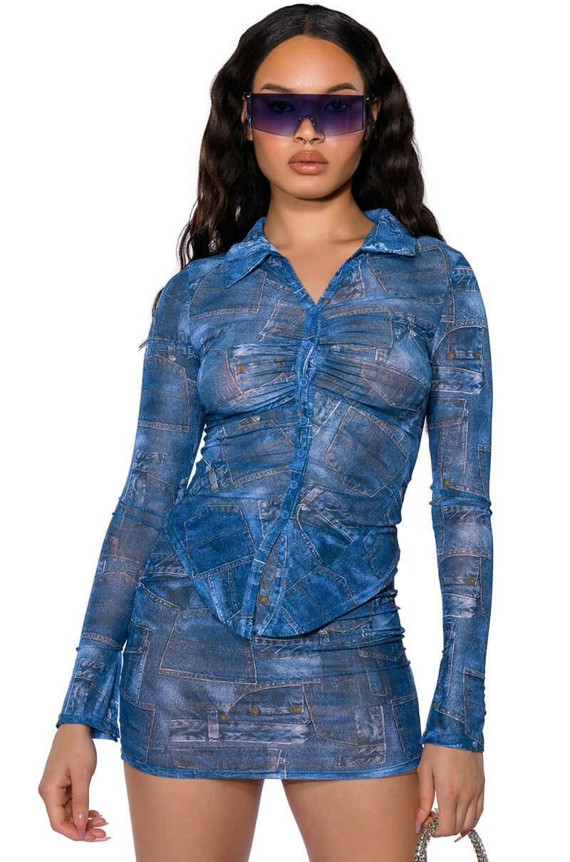 DIFFERENT THAN YOU DENIM PRINT MESH BUTTON DOWN