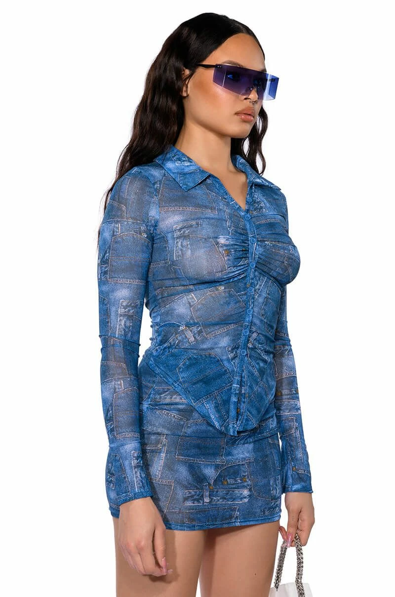 DIFFERENT THAN YOU DENIM PRINT MESH BUTTON DOWN - Image 2