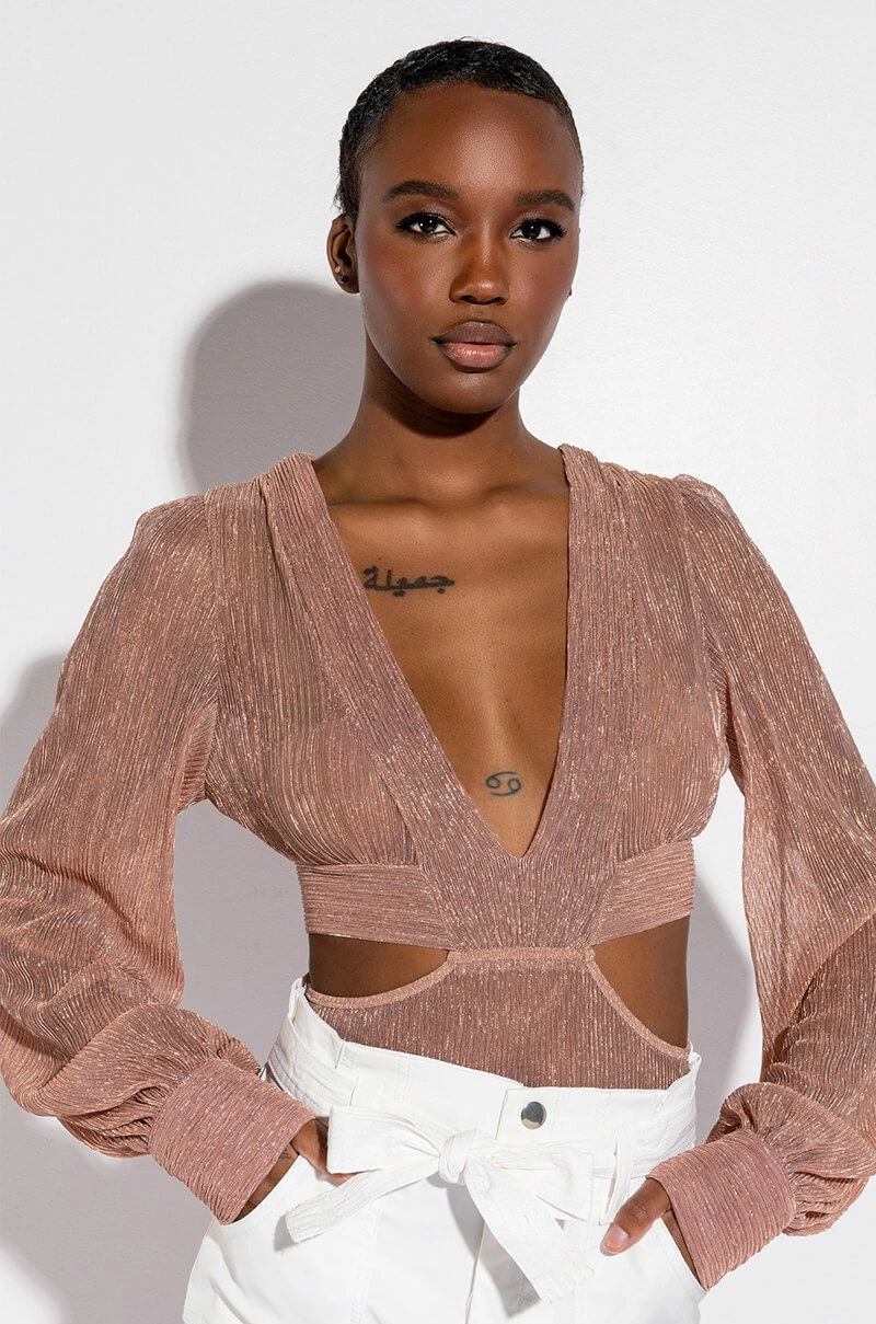 DISCO DIVA DEEP V LONG SLEEVE BODYSUIT WITH CUTOUTS