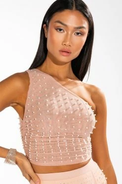 DISCO DOLL EMBELLISHED ONE SHOULDER MESH CROP TOP