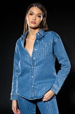 EFFORTLESS GLAM RHINESTONE STRIPE BUTTON DOWN SHIRT