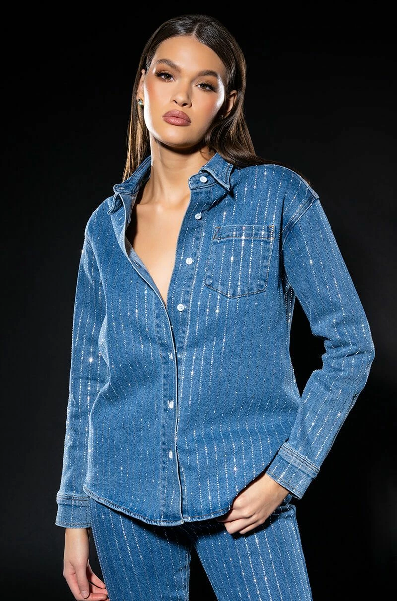 EFFORTLESS GLAM RHINESTONE STRIPE BUTTON DOWN SHIRT