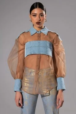 ELLORY DENIM DETAILED MESH BUTTON DOWN