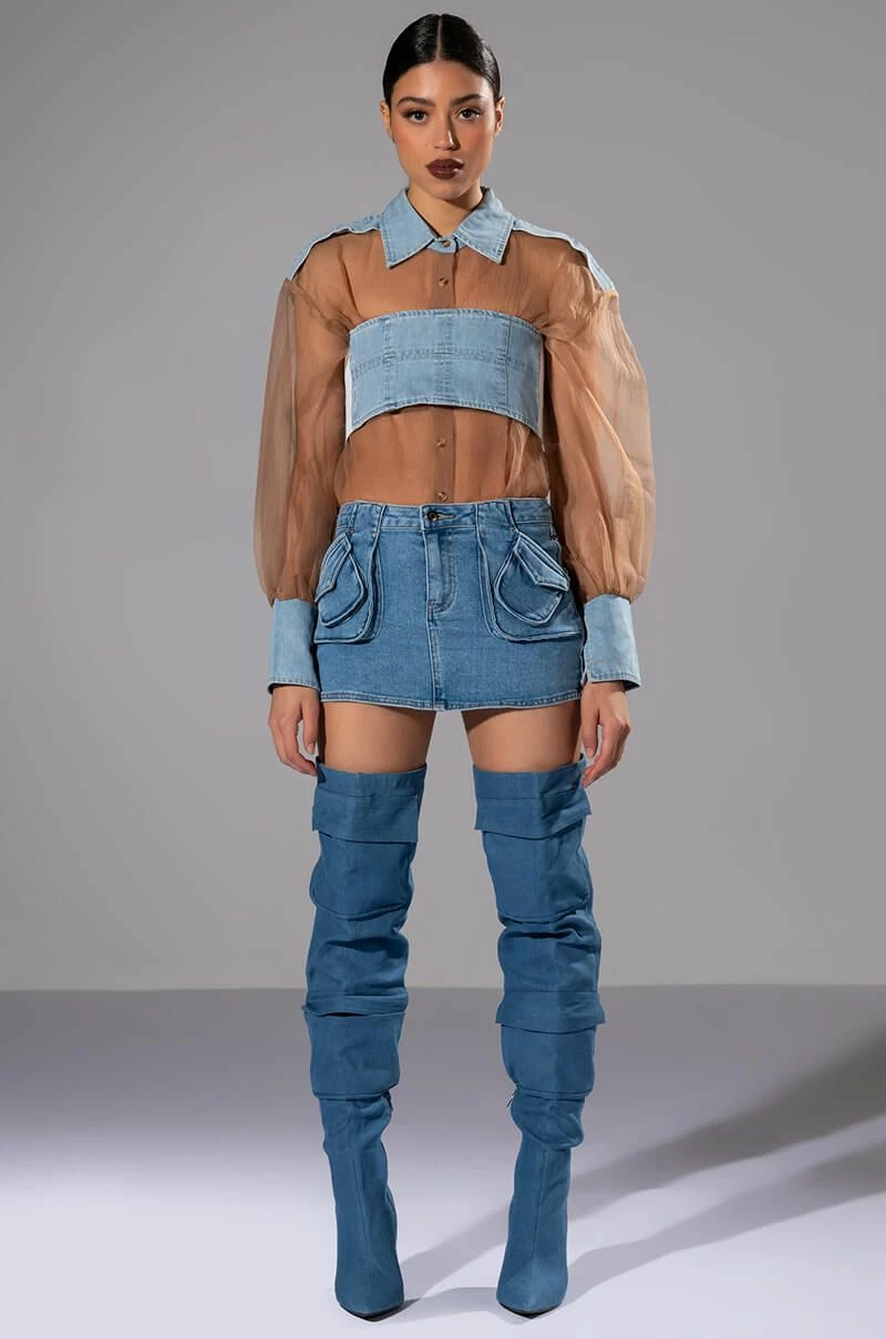 ELLORY DENIM DETAILED MESH BUTTON DOWN - Image 3