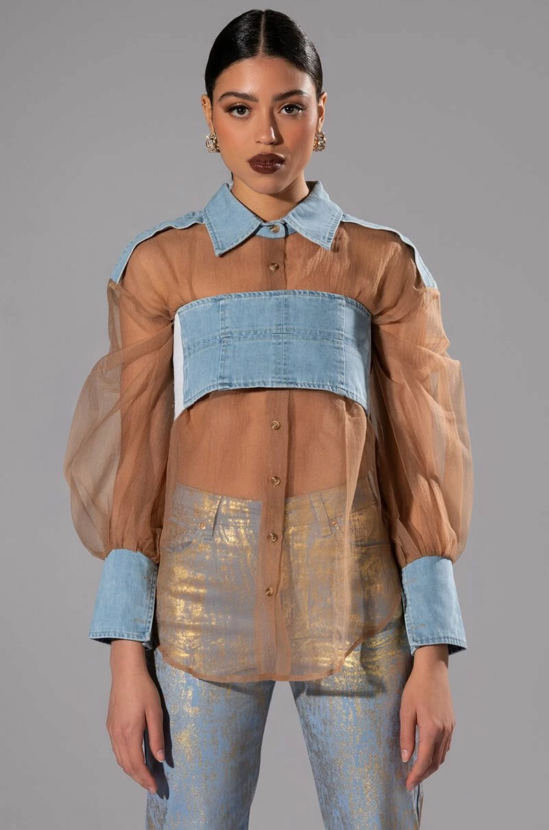 ELLORY DENIM DETAILED MESH BUTTON DOWN - Image 5