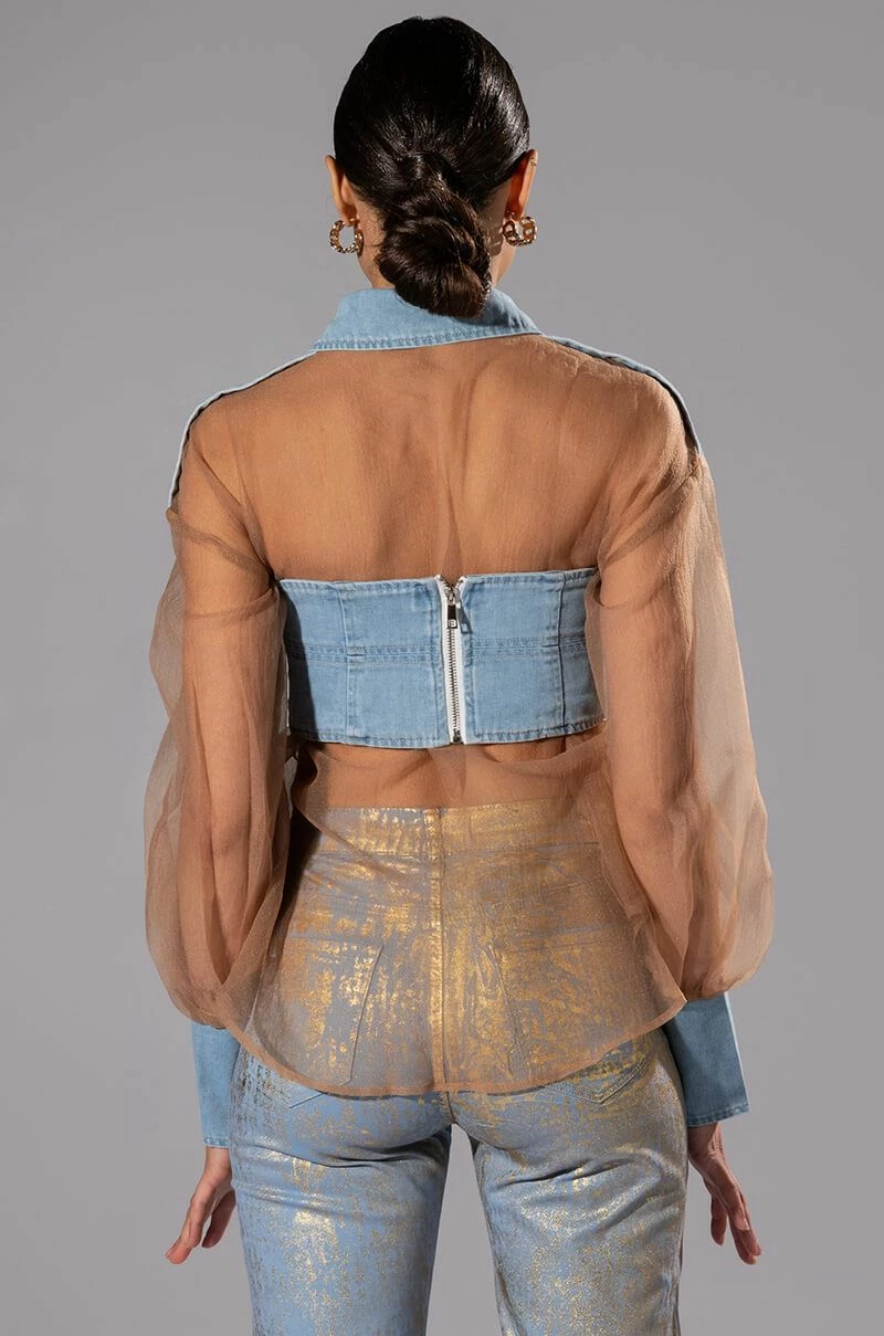 ELLORY DENIM DETAILED MESH BUTTON DOWN - Image 7