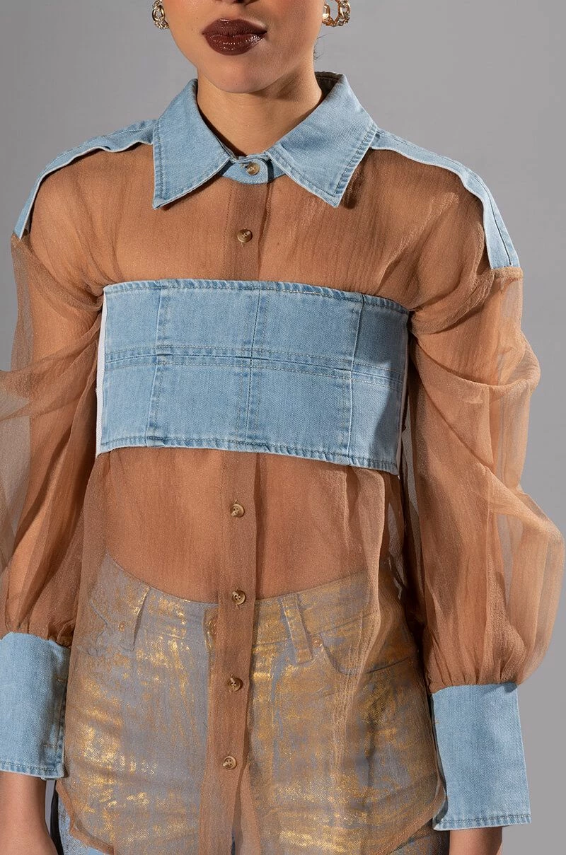 ELLORY DENIM DETAILED MESH BUTTON DOWN - Image 8