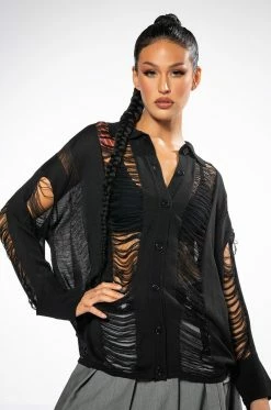 EMERSON SHREDDED KNIT BUTTON DOWN