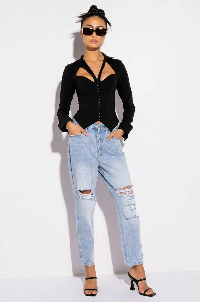 FAN BEHAVIOR CUTOUT LONG SLEEVE CORSET BLOUSE - Image 2