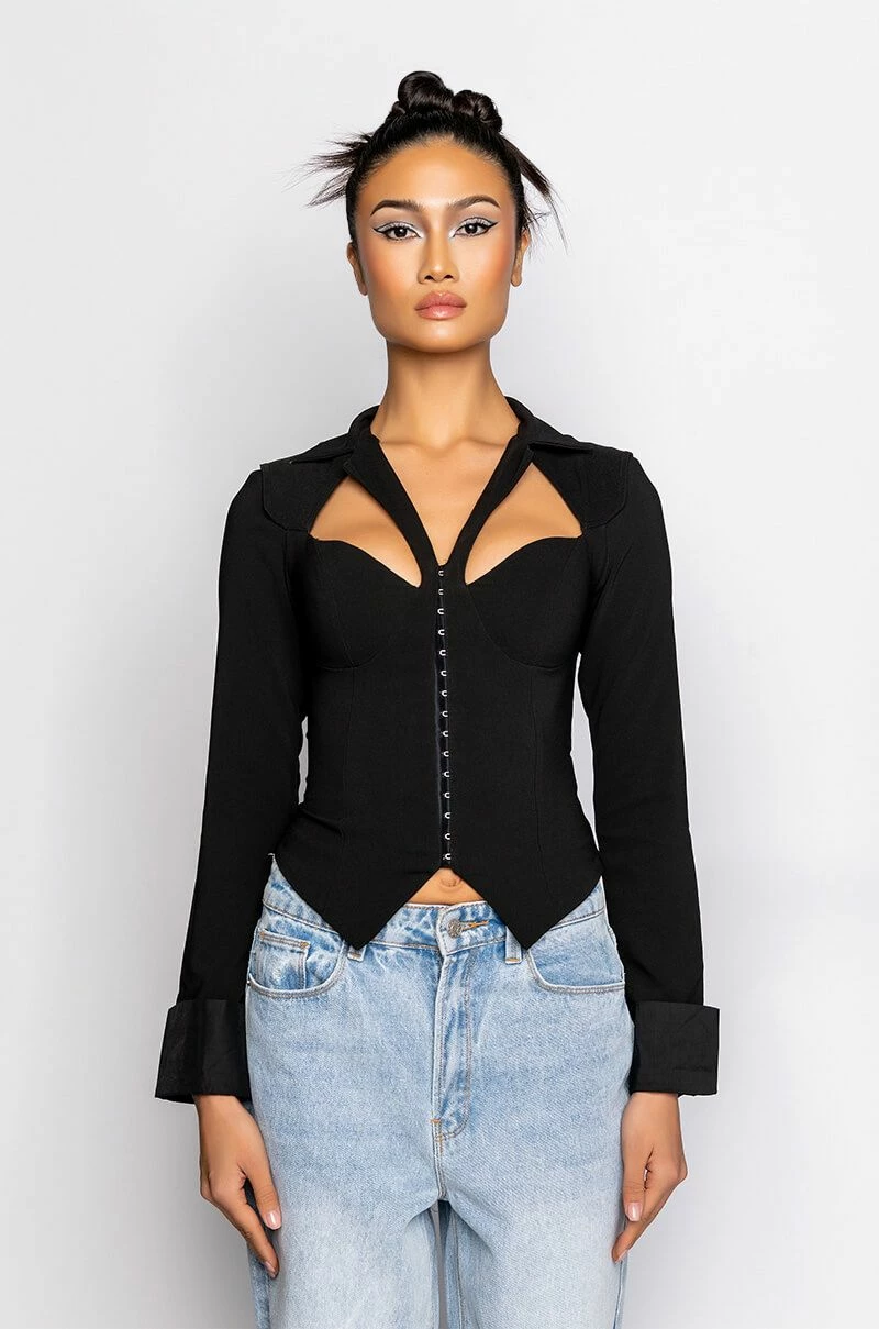 FAN BEHAVIOR CUTOUT LONG SLEEVE CORSET BLOUSE - Image 3