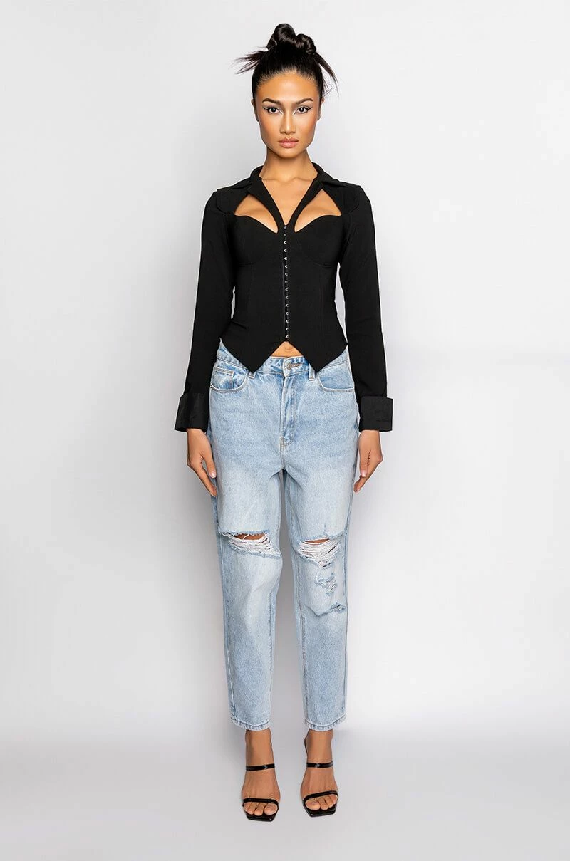 FAN BEHAVIOR CUTOUT LONG SLEEVE CORSET BLOUSE - Image 7