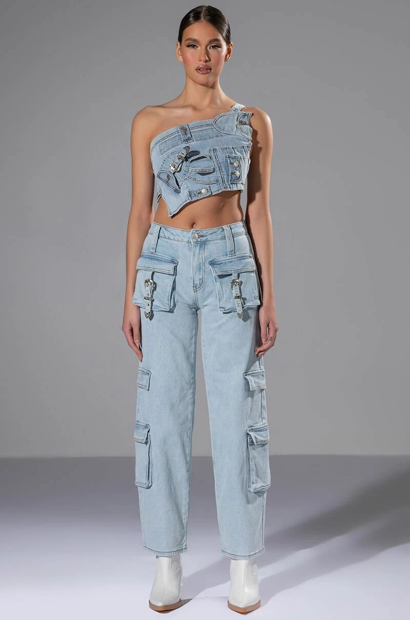 FOR REAL BUCKLE DETAIL DENIM CROP TOP - Image 8