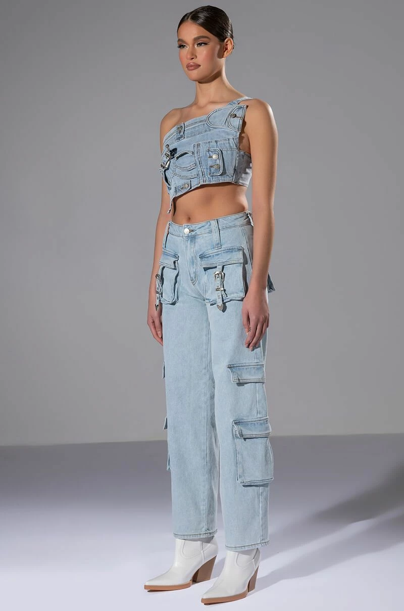 FOR REAL BUCKLE DETAIL DENIM CROP TOP - Image 9