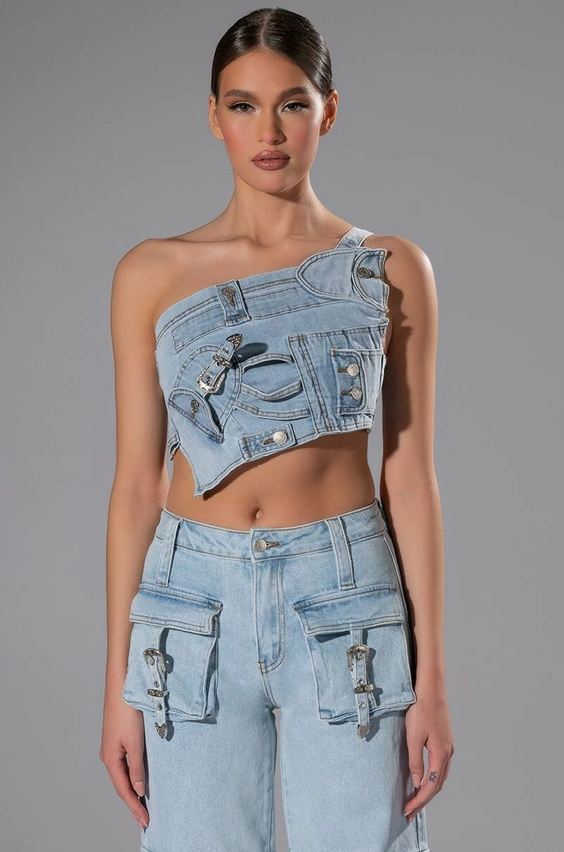 FOR REAL BUCKLE DETAIL DENIM CROP TOP