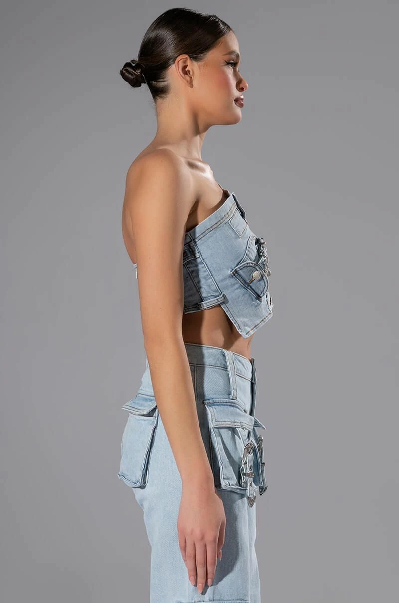 FOR REAL BUCKLE DETAIL DENIM CROP TOP - Image 2