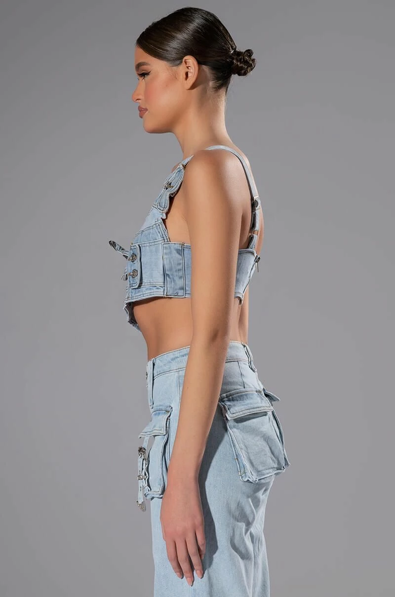 FOR REAL BUCKLE DETAIL DENIM CROP TOP - Image 3