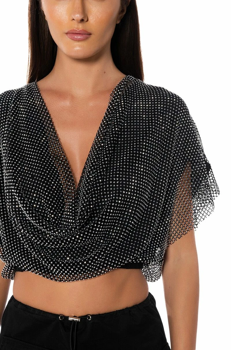 INDIGO DRAPED RHINESTONE MESH BLOUSE - Image 5