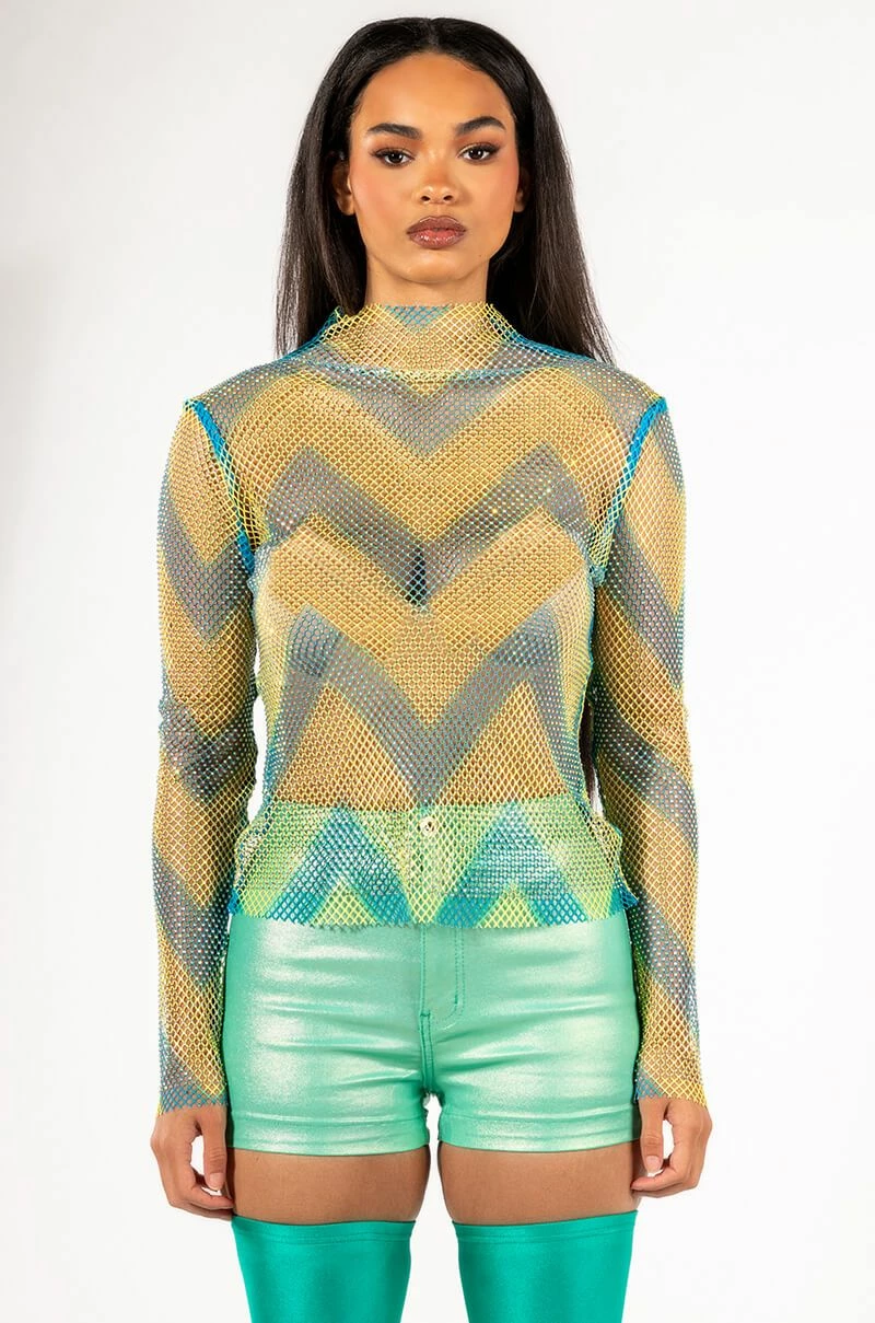 LASTING IMPRESSION LONG SLEEVE MOCK NECK RHINESTONE MESH TOP