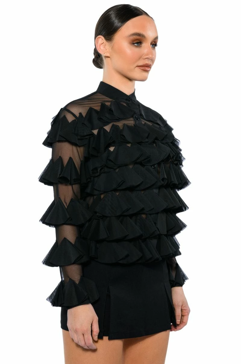 MISS EVERYTHING MESH RUFFLE BUTTON DOWN TOP - Image 2