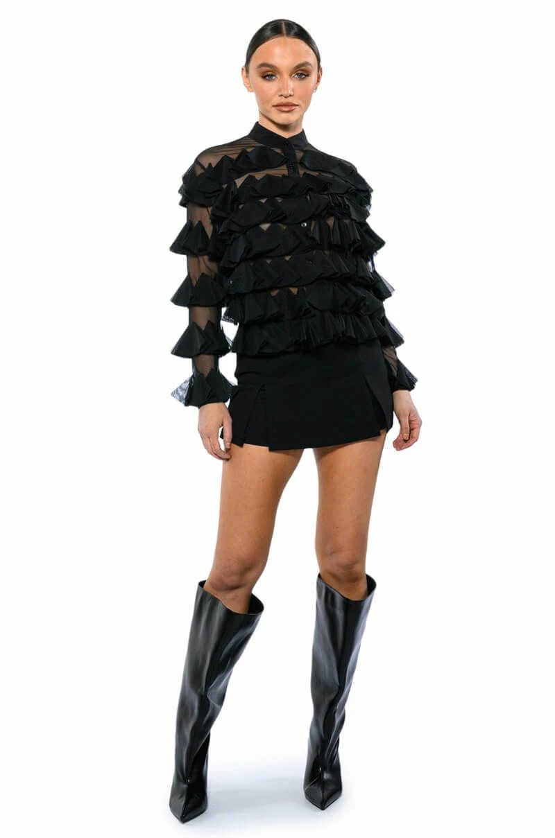 MISS EVERYTHING MESH RUFFLE BUTTON DOWN TOP - Image 3