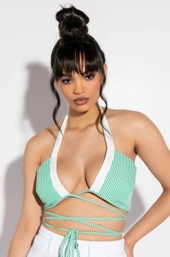 MODERN ART WRAP FRONT POPLIN HALTER CROP TOP