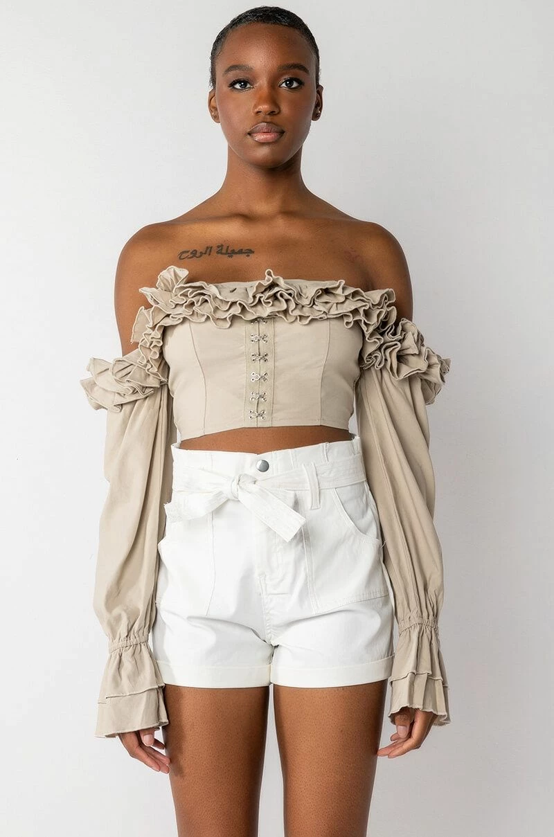 MODERN ROMANCE RUFFLE OFF THE SHOULDER CROPPED BLOUSE - Image 3