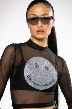 MOVE ALL NIGHT RHINESTONE SMILEY FACE SHEER MESH TOP