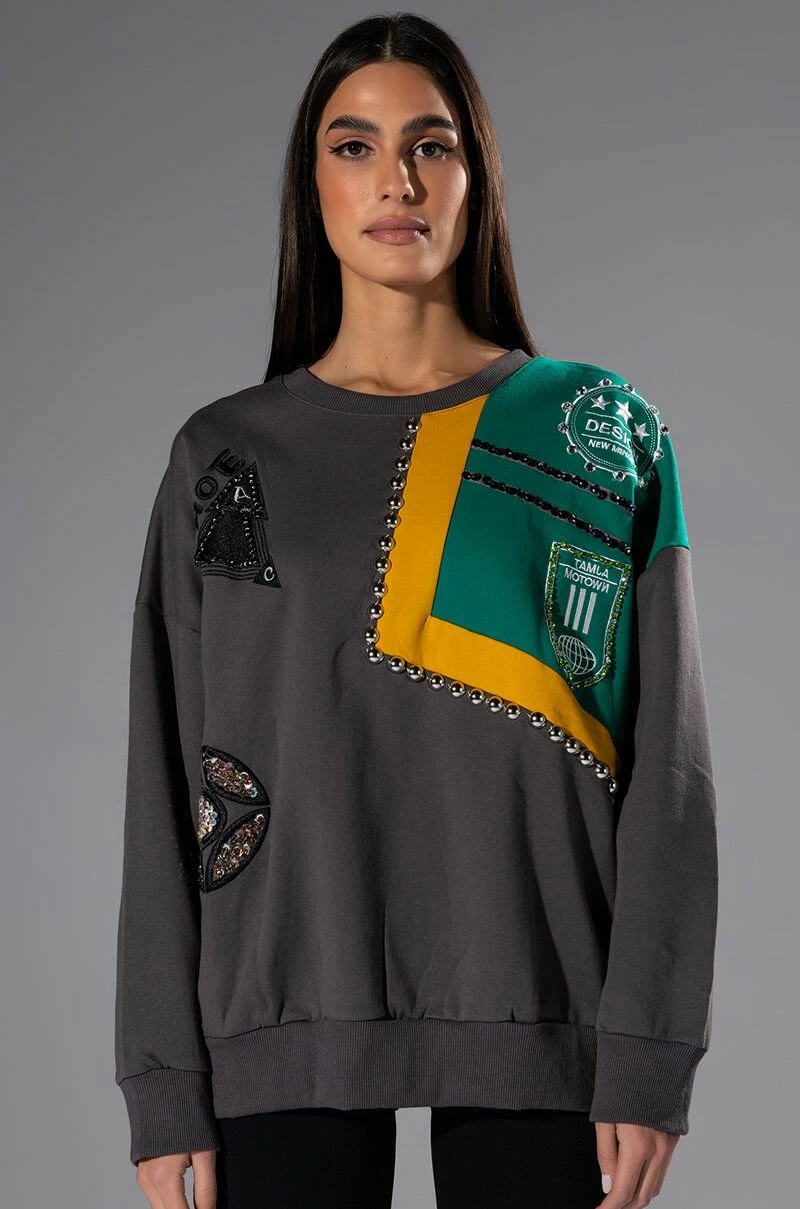 NALLY EMBELLISHED COLORBLOCK CREW NECK SWEATSHIRT