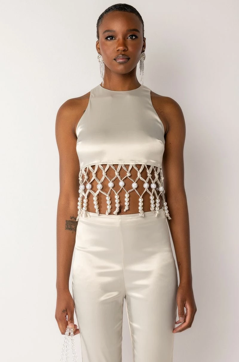 NEXT STOP CANNES BEADED TRIM SLEEVELESS SATIN BLOUSE - Image 4