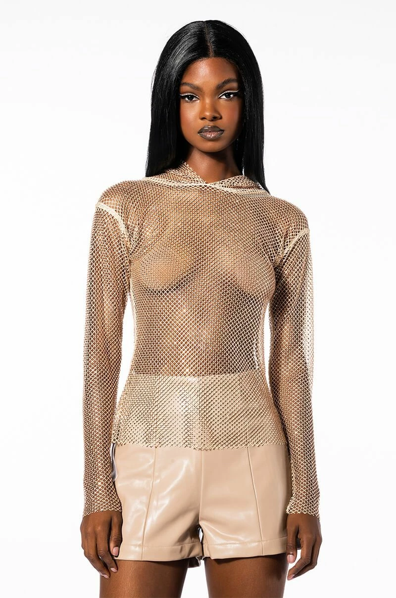 NORTH STAR RHINESTONE MESH HOODED TOP