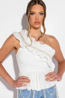 PEARL DETAIL ONE SHOULDER POPLIN PEPLUM BLOUSE