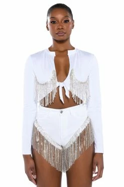 PIPING HOT RHINESTONE TIE FRONT LONG SLEEVE TSHIRT