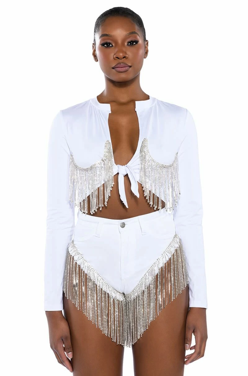 PIPING HOT RHINESTONE TIE FRONT LONG SLEEVE TSHIRT