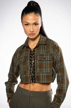 PLAID ROMANCE CHAIN LACE UP CROPPED BLOUSE