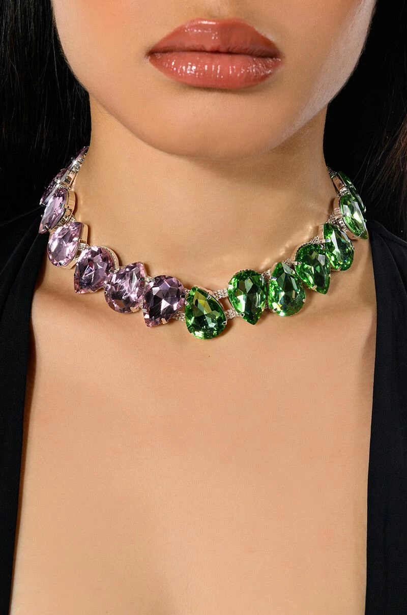 PRETTY IN PINK N GREEN RHINESTONE NECKLACE