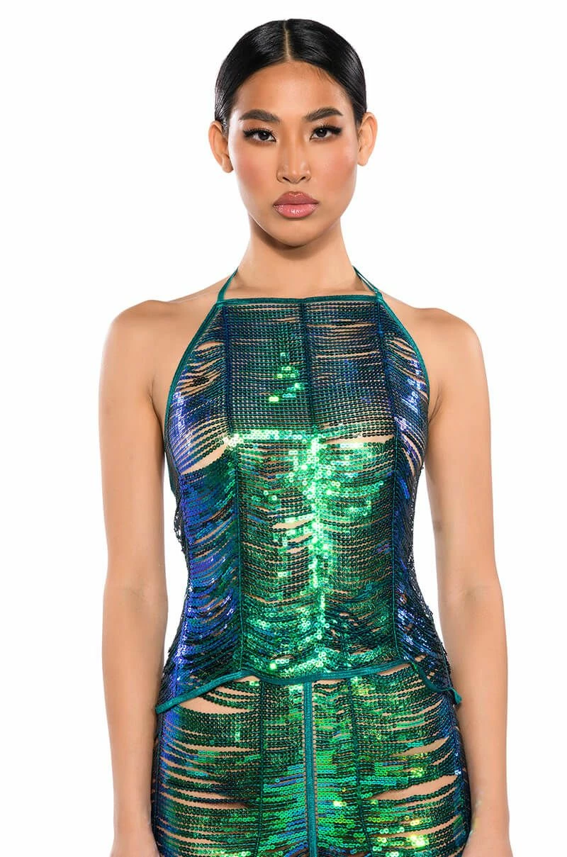 SENORITA EMBELLISHED HALTER TOP IN GREEN